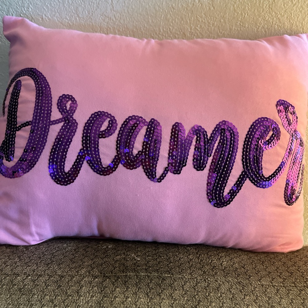 Pink Pillow with Purple Sequin 'Dreamer' Design